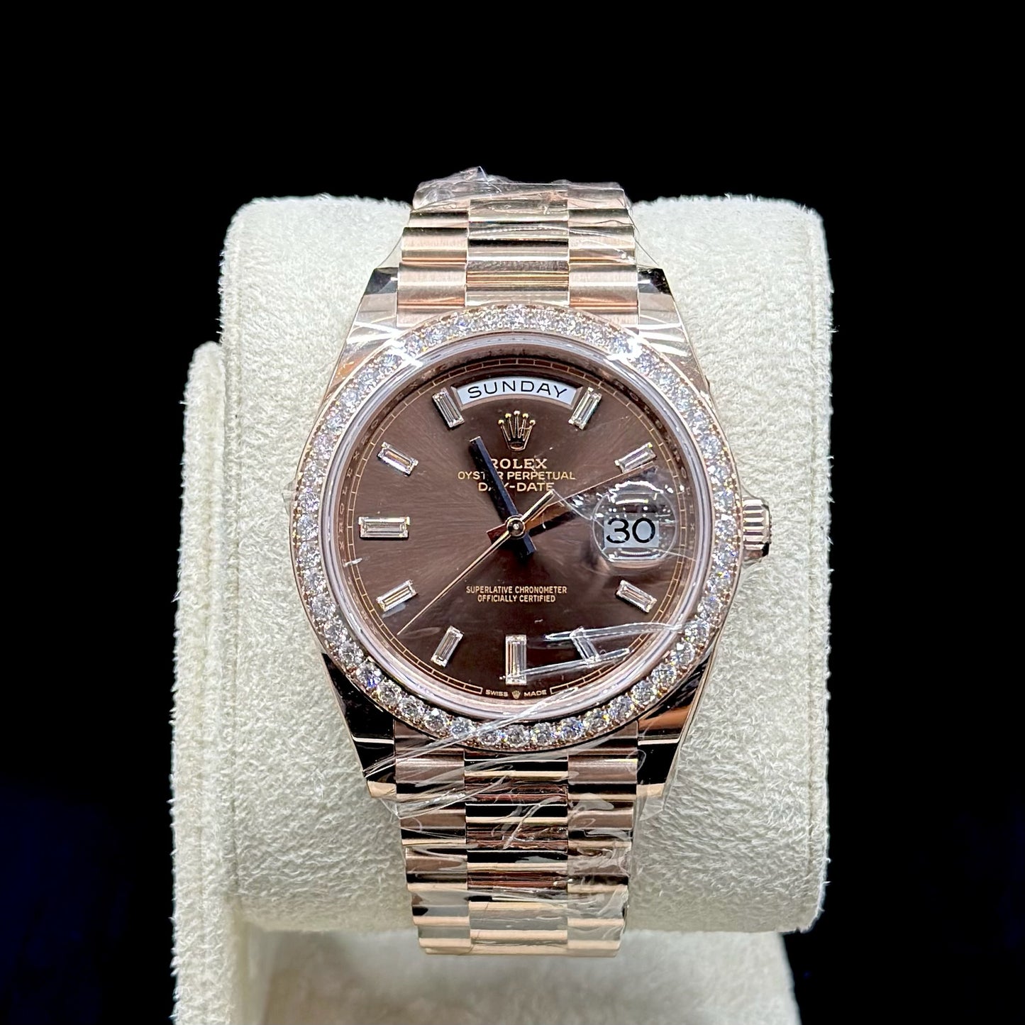 Rolex Day-Date Rose Gold Chocolate Baguette Dial Diamond Bezel 41