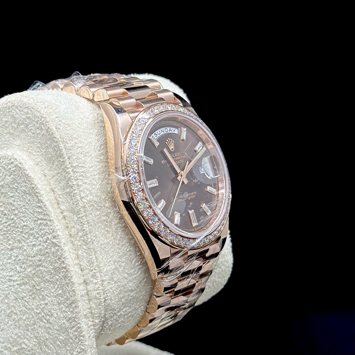 Rolex Day-Date Rose Gold Chocolate Baguette Dial Diamond Bezel 41