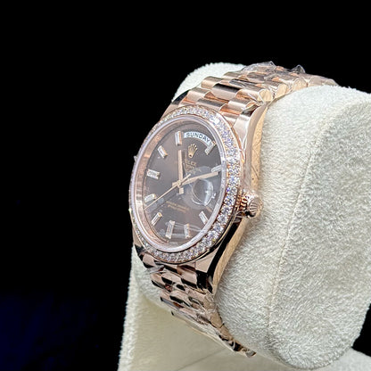 Rolex Day-Date Rose Gold Chocolate Baguette Dial Diamond Bezel 41