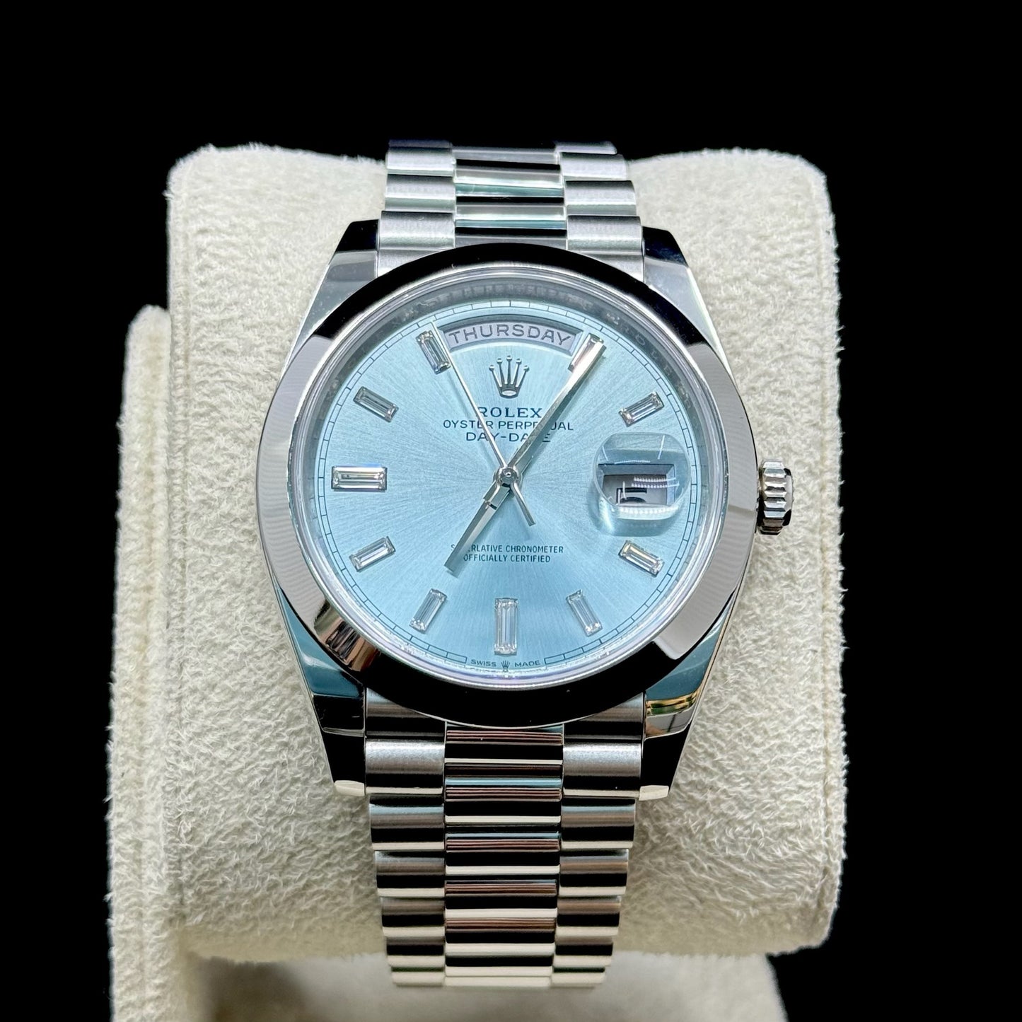 Rolex Day-Date 40mm Platinum Ice Blue Baguette Dial